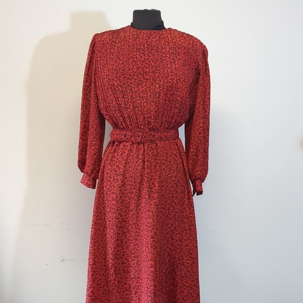 Vintage Red Black Floral 1980s Dress, Size S.